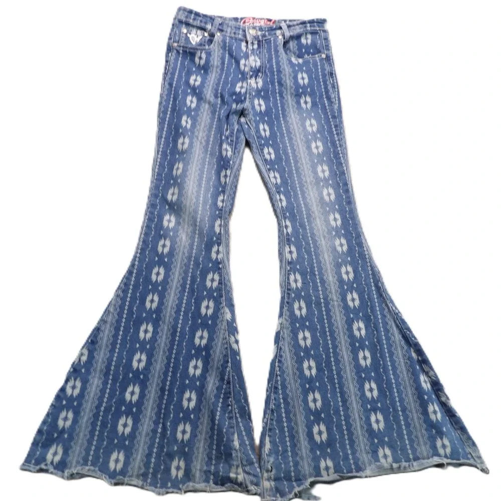 Cowgirl Hardware Aztec Flare Jeans Womens W27 Blue Bell Bottom Western Rodeo Y2K